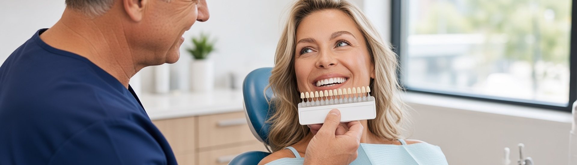 Dentist holding a shade guide beside a patient's smile during a porcelain veneer consultation