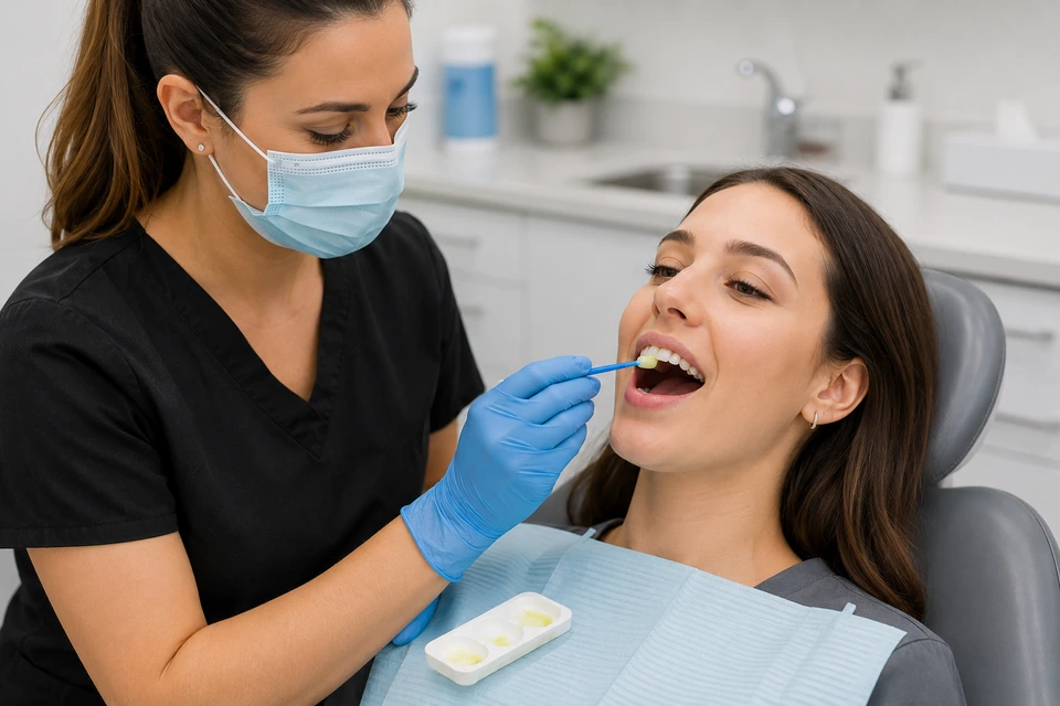 A dental hygienist performing a fluoride treatment on a young lady.
