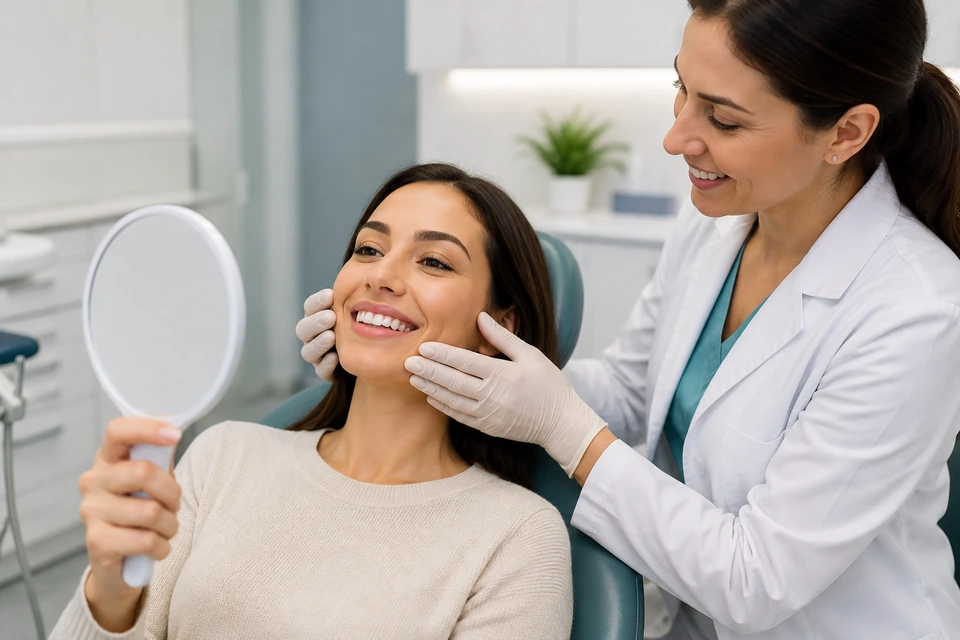 A woman sitting in a dentist’s chair and smiling into a handheld mirror while her dentist gently holds the sides of her face.