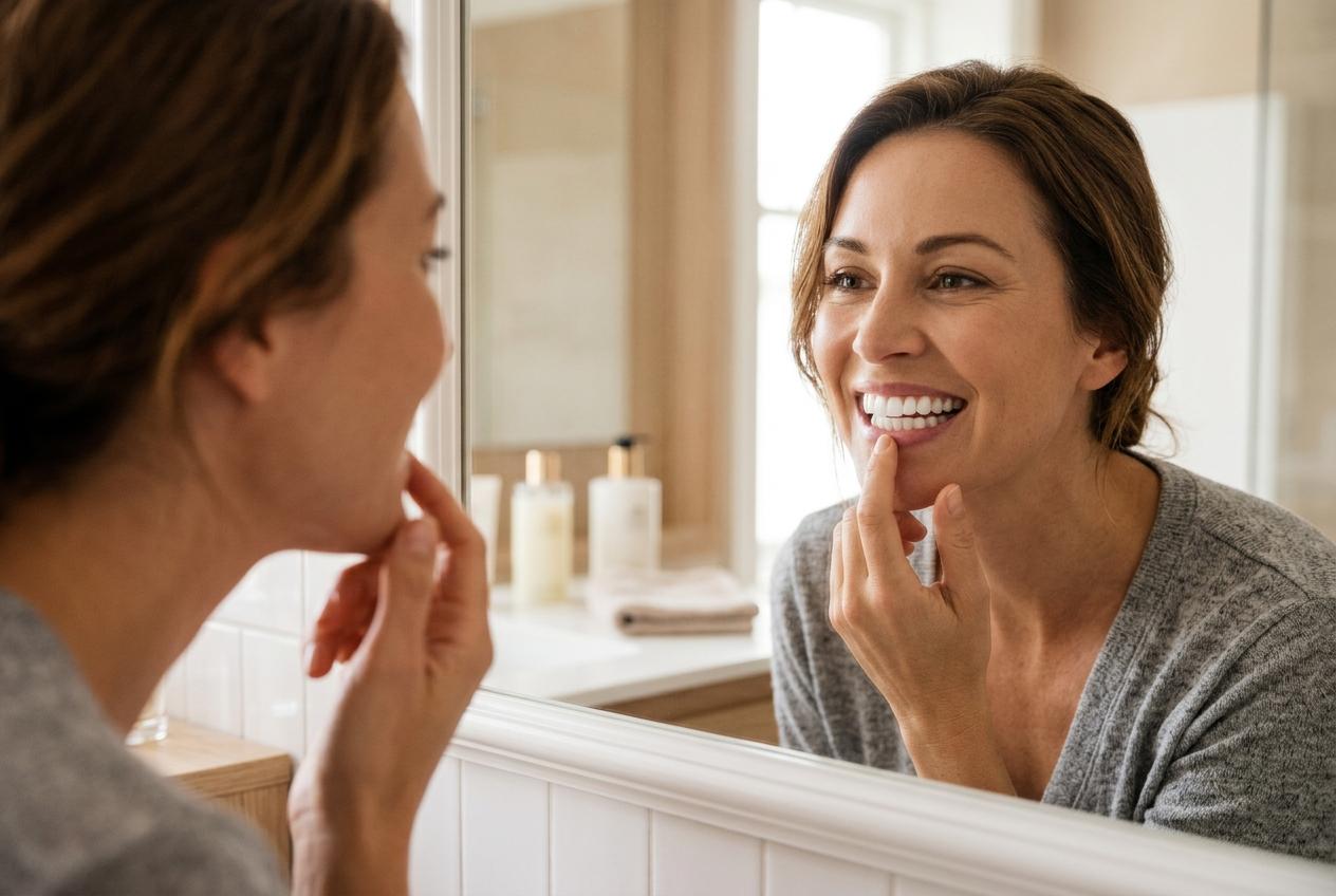 Adult woman smiling and looking in the mirror at her new veneers