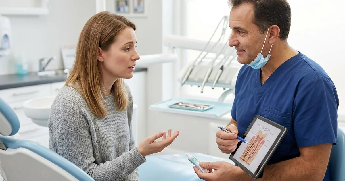 A dentist holds a tablet showing a tooth diagram while consulting with a patient in the dental chair about treatment planning.