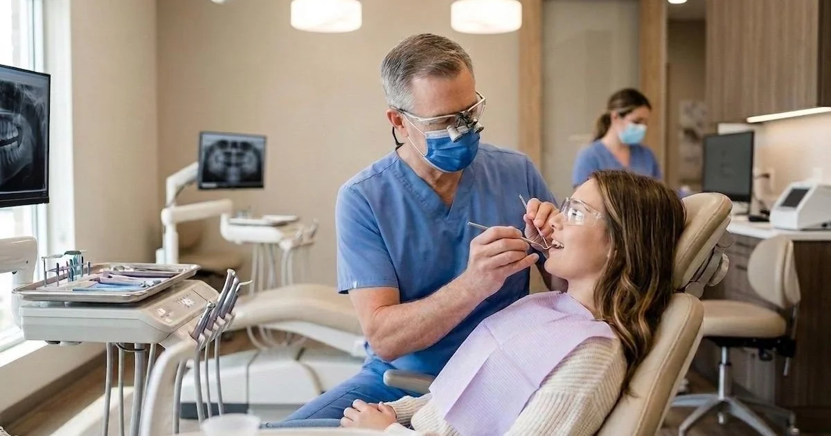 Dentist examines the teeth of a patient reclined in a chair, with an assistant and dental X-rays in the background.