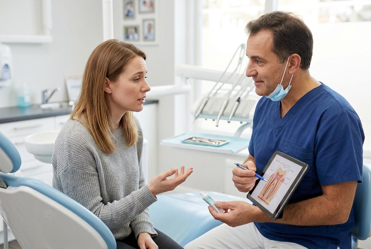 Dentist holding a tablet showing a tooth diagram consults with a female patient seated in a dental chair, both in conversation.