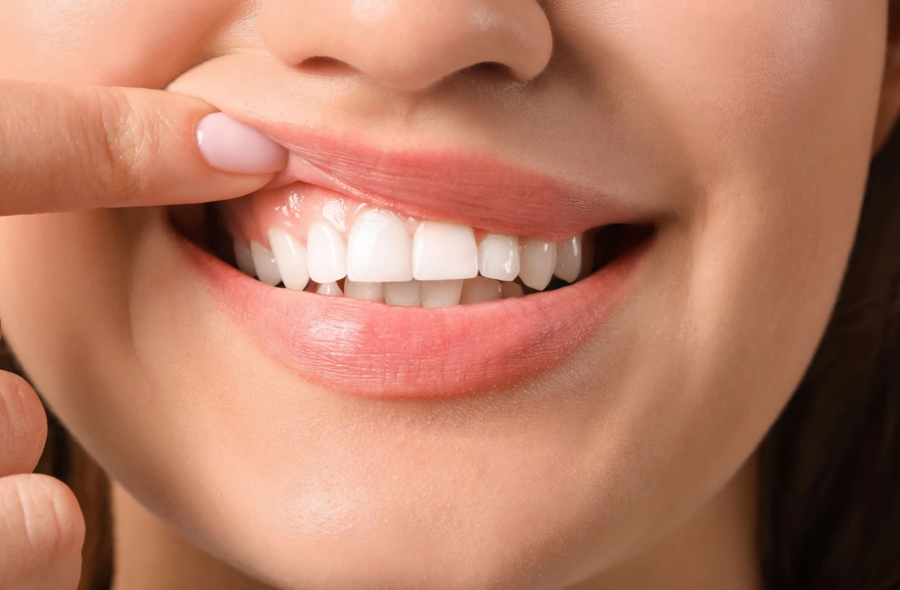 Patient pointing to healthy gums and tooth enamel.