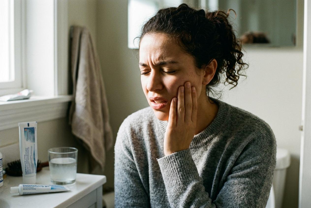 Woman in a bathroom holding her cheek with a pained expression, eyes closed. A glass of water and dental gel tube sit nearby.