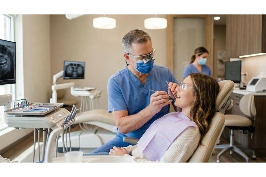Dentist examines the teeth of a patient reclined in a chair, with an assistant and dental X-rays in the background.