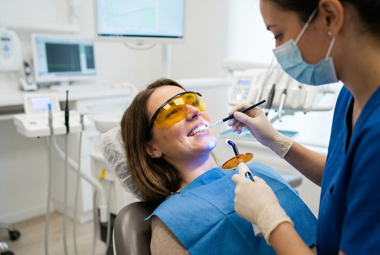 Woman smiling while receiving a professional dental cleaning